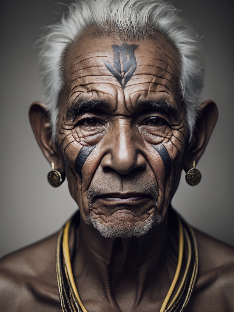 Portrait of a tribal elder with a face tattoo, photography, beautiful, black background, colorful, realistic, masterpieces, top quality, best quality, official art, beautiful and aesthetic