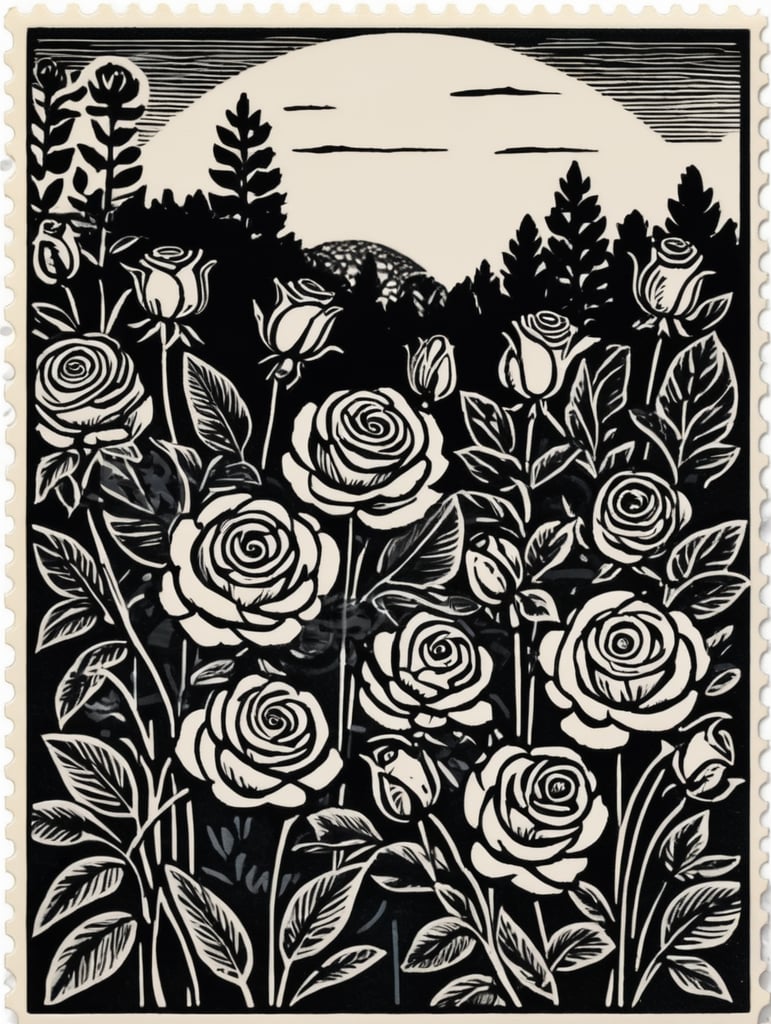 Black and white linocut postage stamp rose garden thick bold dark lines