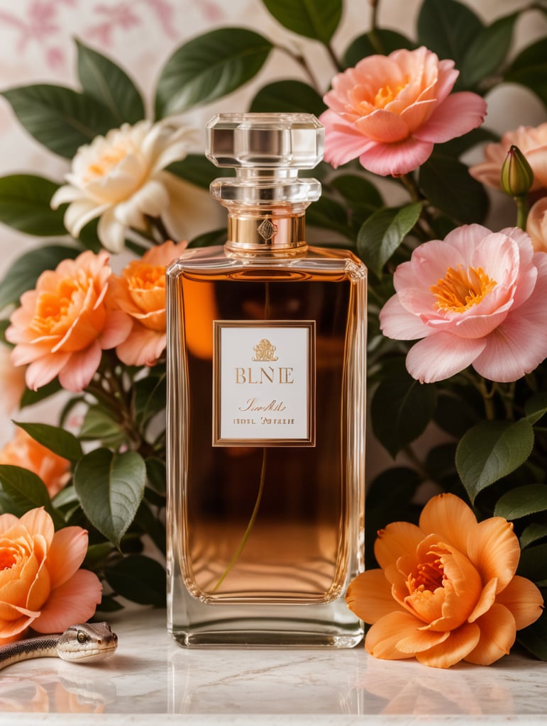 Luxury perfume bottle with blanc label, snake next to the bottle, floral background, pink and orange flowers