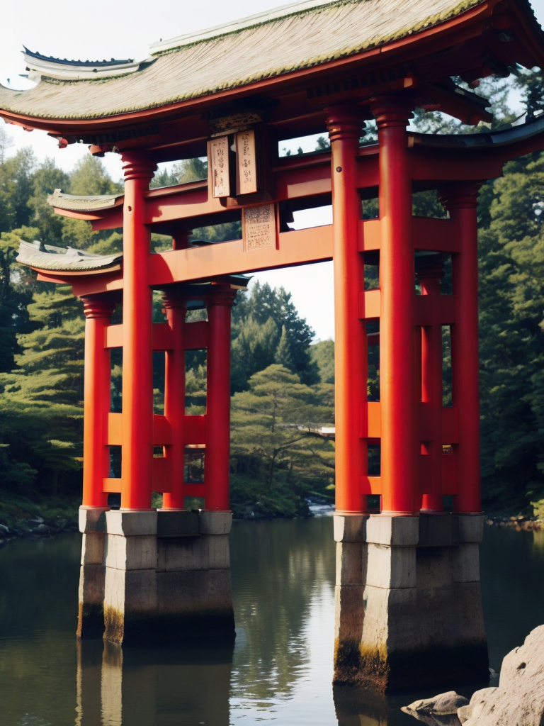 Red torii gate in middle of a lake, Dense forest on the edge of the lake, Bright and saturated colors, Japanese culture, photorealistic, contrast light