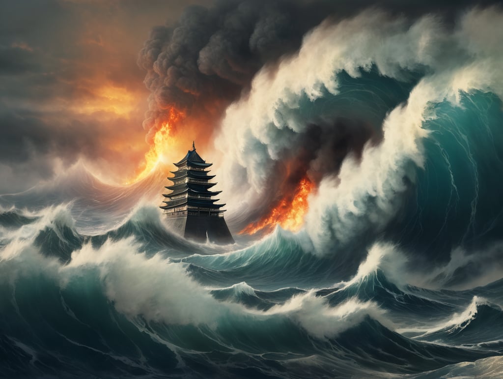 Epic photograph of an earthquake in Japan, large waves, destruction, fire, in the style of Aivazovsky