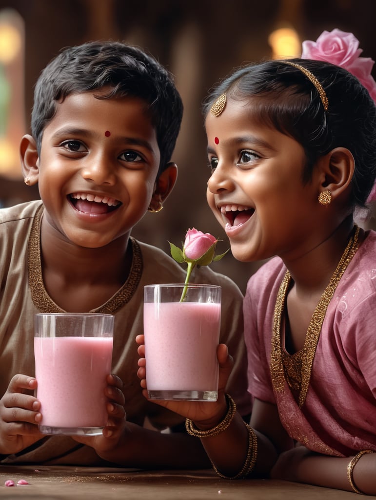 2 south Indian kids drinking rose milk with a happy face