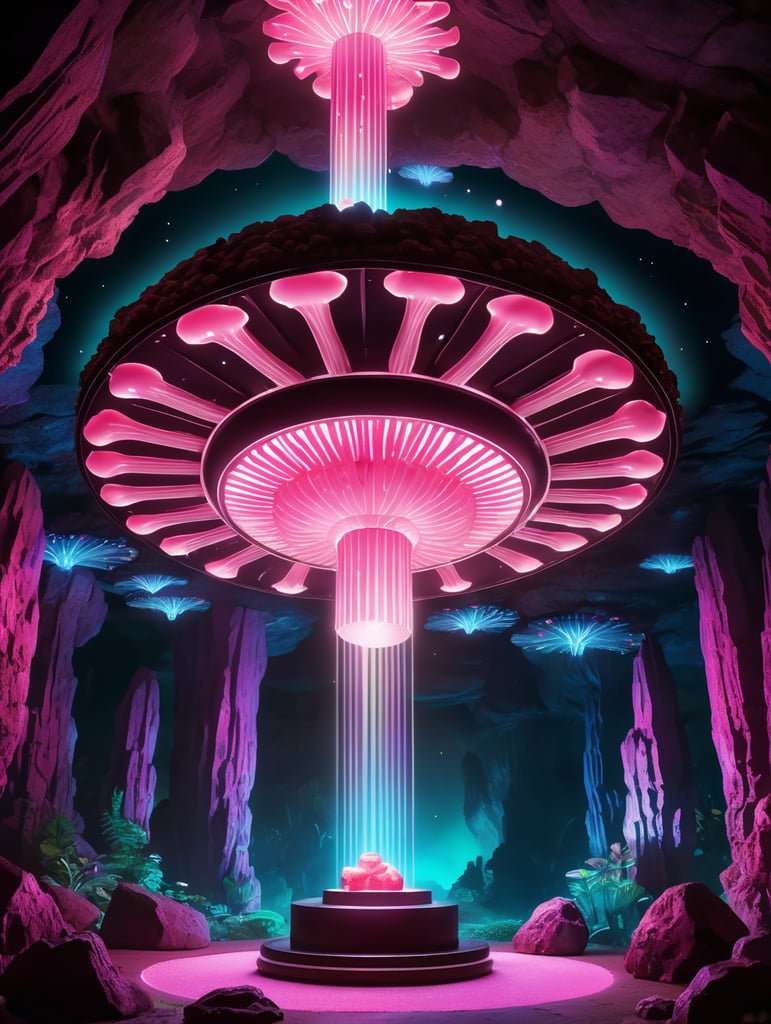dark cave, luminescent mushrooms grow from below, stalagmites grow from above on the ceiling, on the background, in the middle on a natural pedestal there is a tablet, which exudes neon lighting, in which you can see a dashboard and a program for earning money - this is the main element of the composition, around it a small number of glowing pink crystals - symbolizing earnings, on the ceiling on the background hangs down the head of a flying mouse with wings spread out