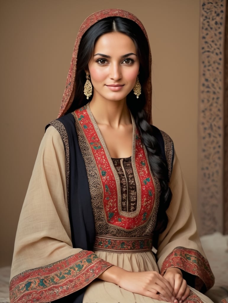 Afghan woman, black hair, thin face, slight smile, brown eyes, small breasts, thin legs, traditional afghan dress with much cleavage and legs showing