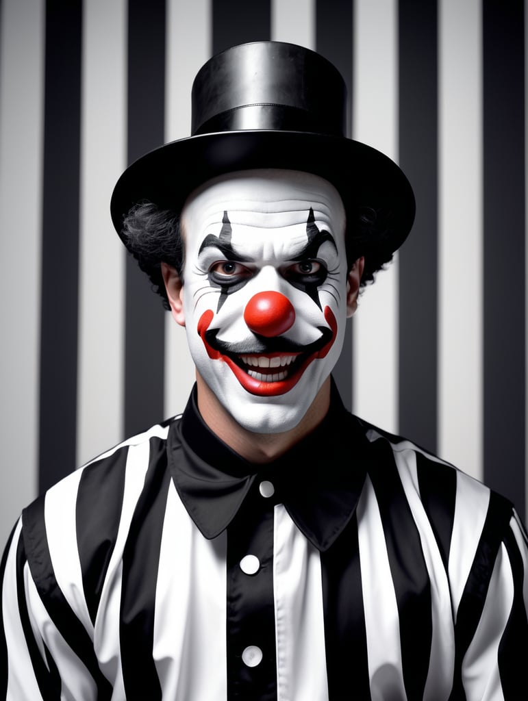 clown in a black and white stripes prison jumpsuit uniform