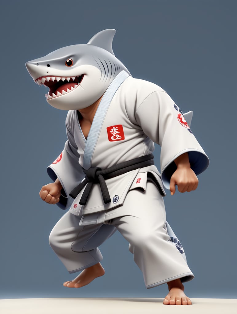 humanoid shark in judo kimono stay in action pose and angry face