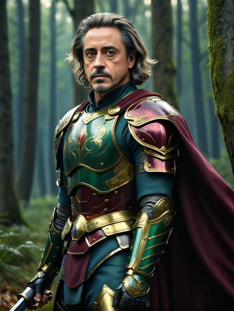 30 years robert downey jr in green-gold medieval armor, gray short hair whit only mustache against the backdrop of a forest in blue-burgundy tones, blurred background, focus on the men, detailed armor, Dramatic Lighting, Depth of field, Incredibly high detailed