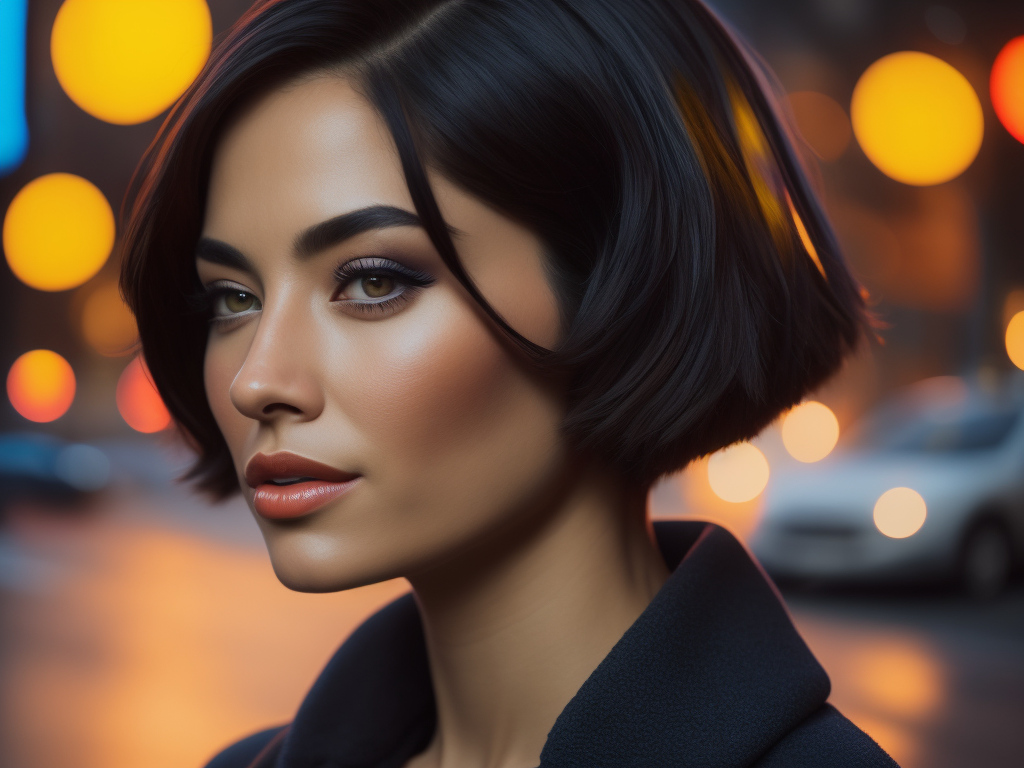 beautiful woman, medium shot, full color photography, very colorful colors in her face, very detailed, high resolution, very short straight hair, black hair, "inverted bob" hairstyle, dark street, colorful neon lights, backlight, synthwave style colors, out of focus cars in the background