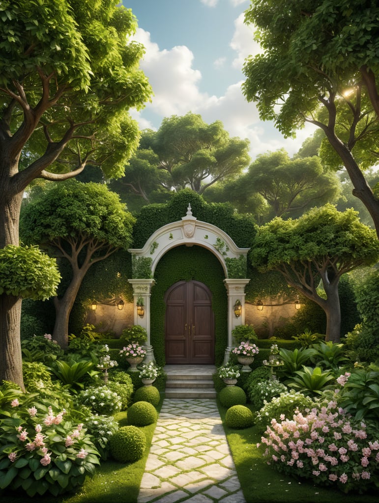 Un'illustrazione stilizzata di un giardino lussureggiante con alberi di limoni e lime, piante di menta e fiori di gelsomino. Nel centro del giardino, Aggiungi dettagli eleganti e sofisticati per suggerire le note di COGNAC, IRISWOOD, CLOVE e VETIVER,Tabacco magari incorporando sfumature di legno e spezie. Nel background, potresti inserire immagini di quercia (per OAK), incenso bruciato e foglie di tabacco. Infine, per rappresentare la profumazione finale di MUSK, puoi inserire un tocco di sensuale eleganza, magari con una sfumatura di rosa pallida.