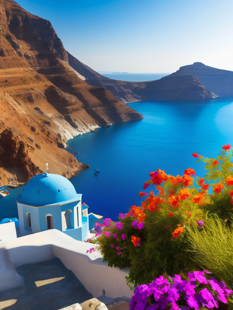 Landscape Greece Santorini, Vibrant colors, High detail, Azure sea, Mountains