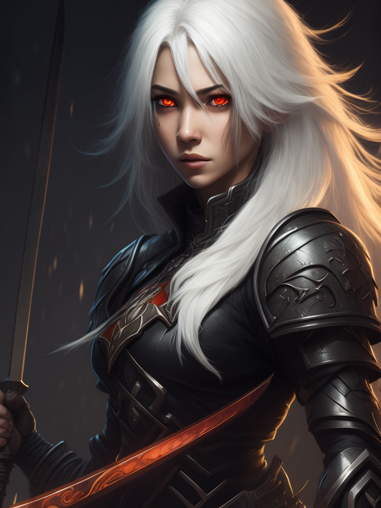 Create a digital artwork featuring an anime girl with white hair and red eyes, holding a sword