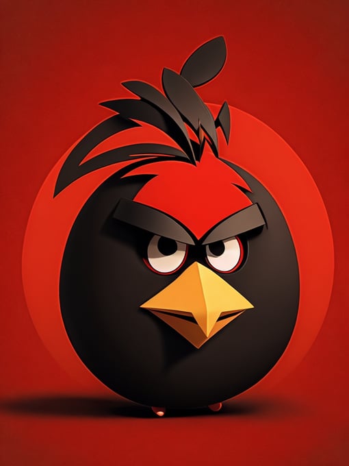 angry birds, black round bird on red background, standing centered in 3D style, rendered using beautiful Disney animation, Pixar style, Disney style, 3D style