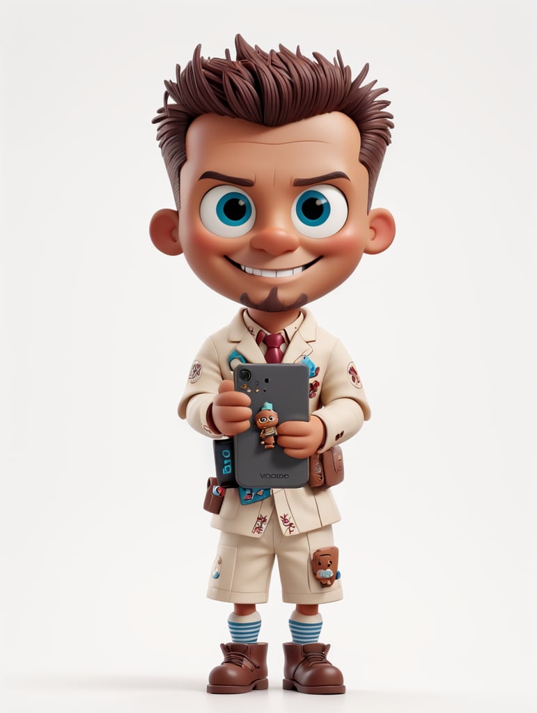 white background voodoo doll basic pins stitched (man) happy sorrindo com celular na mão