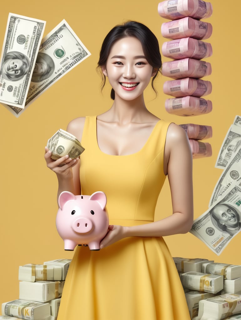 4k high resloution hd image,Korean woman happy smile lady and holding piggy bank with money, dresses yellow, isolated over white background