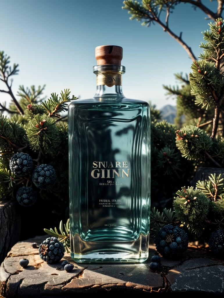 professional photography of a square gin bottle, square bottle, surrounding a juniper and juniper berries, one shot of gin in a front, no label, clear, mockup