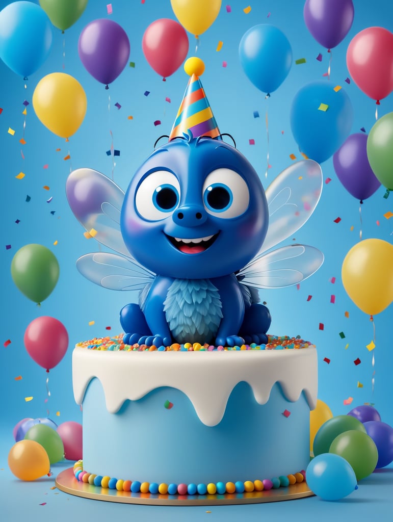 Create a vibrant and playful 3D cartoon-style image featuring a cheerful blue fly and a delightful birthday cake. Place the blue fly in the foreground, hovering just above the birthday cake, with a joyful and animated expression on its face. The birthday cake should be a multi-tiered confection, decorated with vibrant frosting, colorful candles, and sprinkles. Surround the scene with floating balloons, confetti, and party hats to create a festive atmosphere. Use bright shades of blue for the fly and incorporate a rainbow of colors in the cake's decorations. Ensure that the scene is well-lit with warm, inviting lighting and set it against a backdrop of a cheerful party environment, complete with balloons and streamers