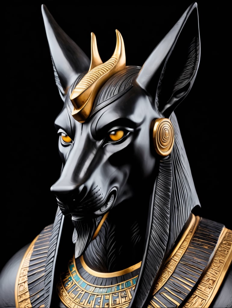 Egyptian god Anubis, statue, carved black wood, portrait, hyper-realistic, dark style, focus on face, sharp on details, black background