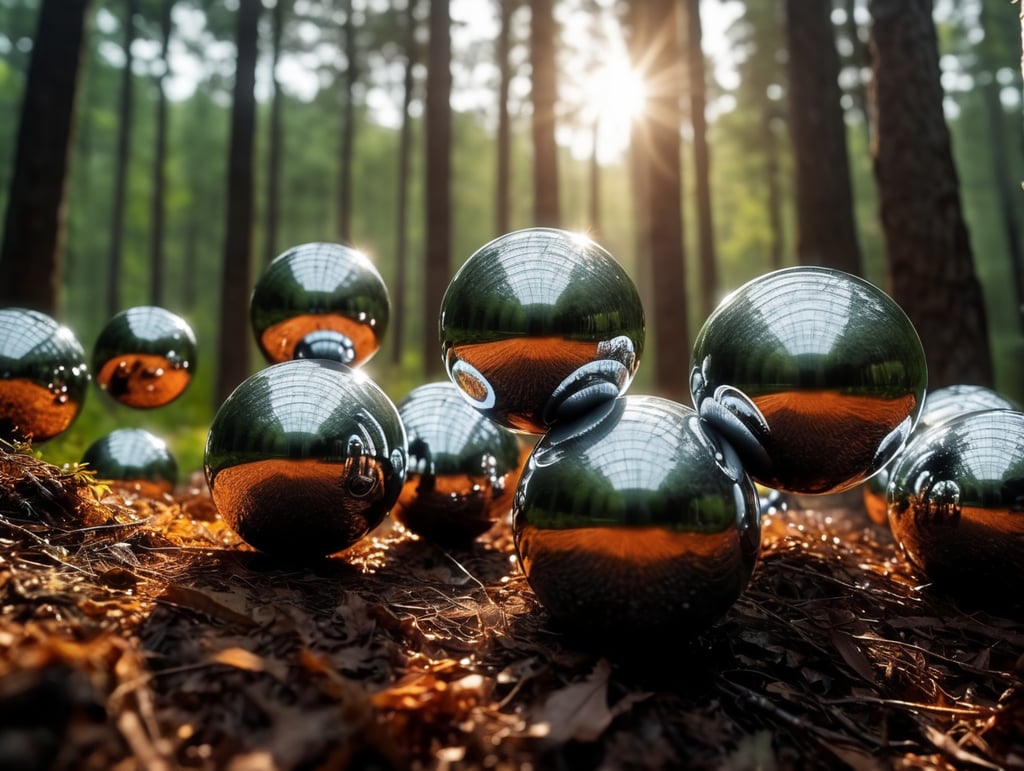 chrome round balls flying in the forest, no blur, sharp focus, cinematic lighting, epic scene