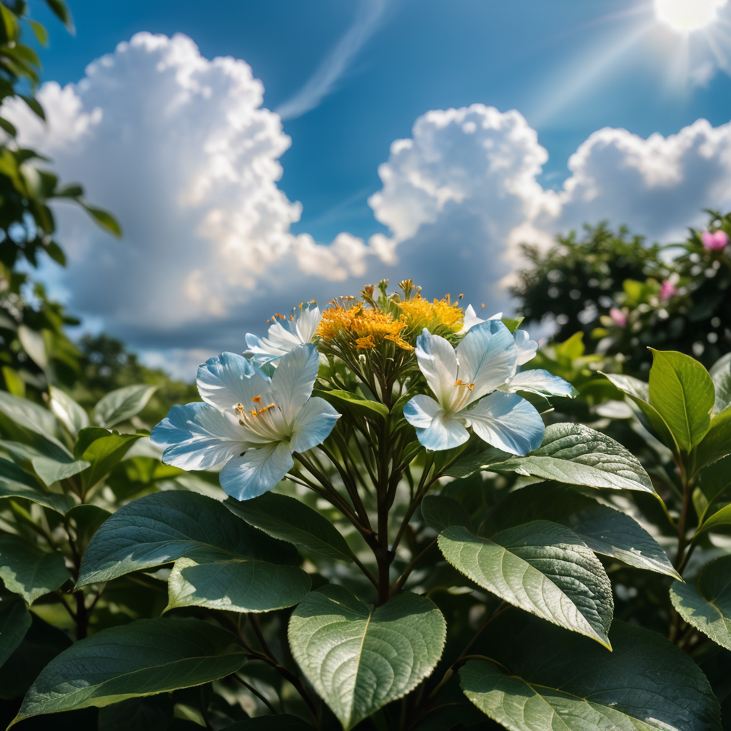 zoom bunga dan daun dengan pencahayaan sore hari di keadaan lembab, dengan awan biru yang sangat indah
