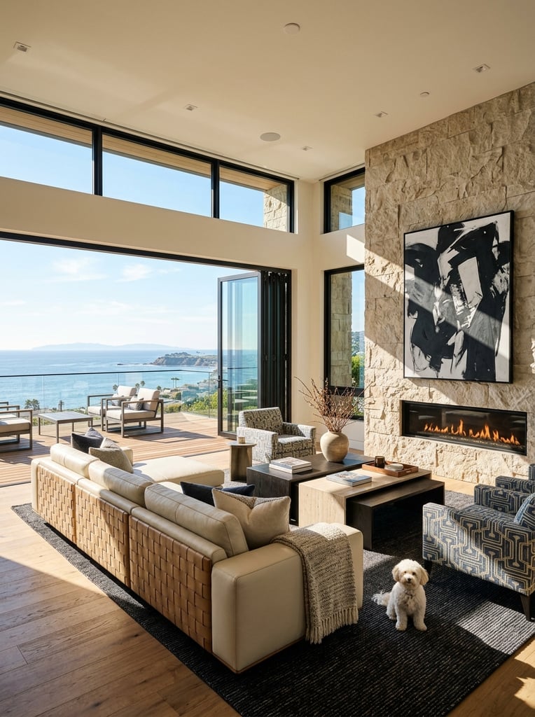 sunlit luxury living room, open folding glass doors revealing ocean view, cream modular sofa with woven leather back, dark textured rug, nested coffee tables, patterned armchairs, large stone accent wall with linear fireplace, massive abstract black and white painting, small white dog, sharp architectural shadows, high-end interior photography
