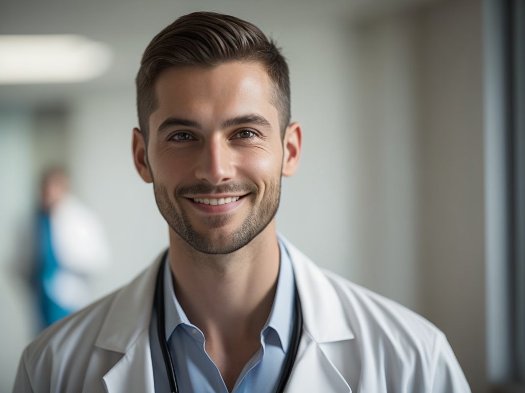 happy slavic doctor in hospital lobby, bright daylight, ultra-realistic, sharp focus, detail, 70mm, cinematic, film, realistic, photography