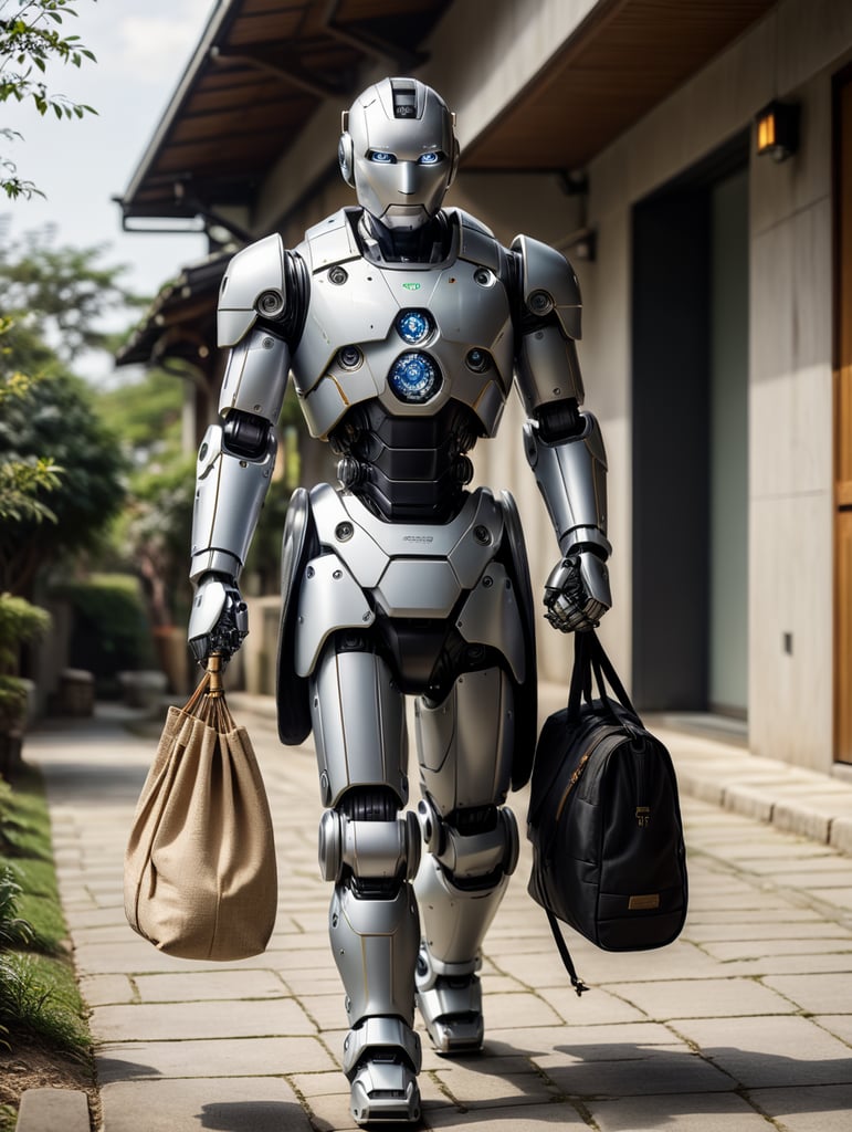 un robot humanoide con un palo sobre el hombro que en el extremo tenga una bolsa de tela llena de ropa caminando con un largo camino por delante.