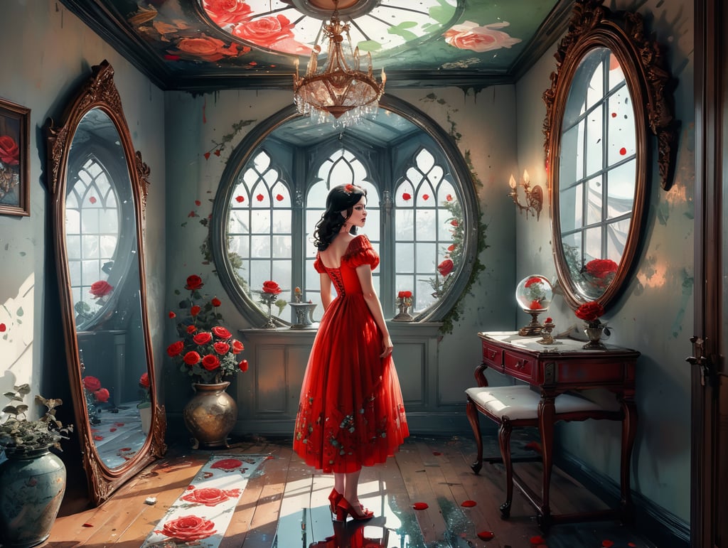 Комната под крышей винтаж стоит колдунья внутри зеркала и принцесса Белоснежка с яблоком в руке и в платье из красных роз. Слезы. Гномы