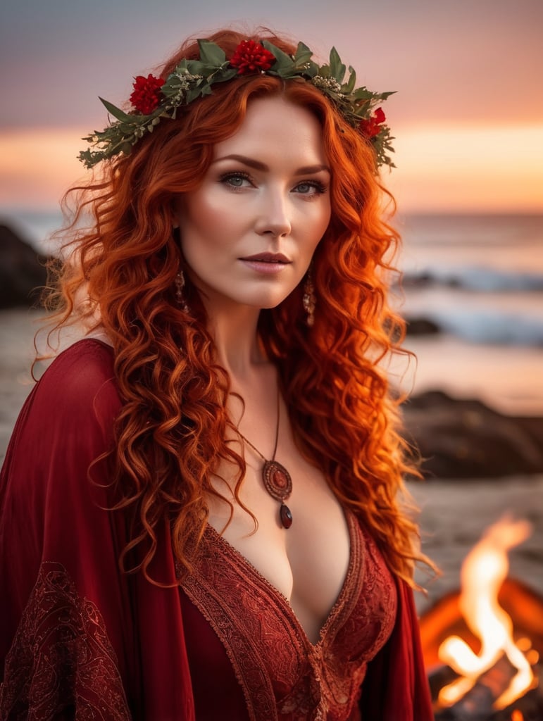 mother Wiccan goddess wearing red boho fashion, Curly Red hair at a large beach bonfire at night, looks like actress Brigid Brannagh