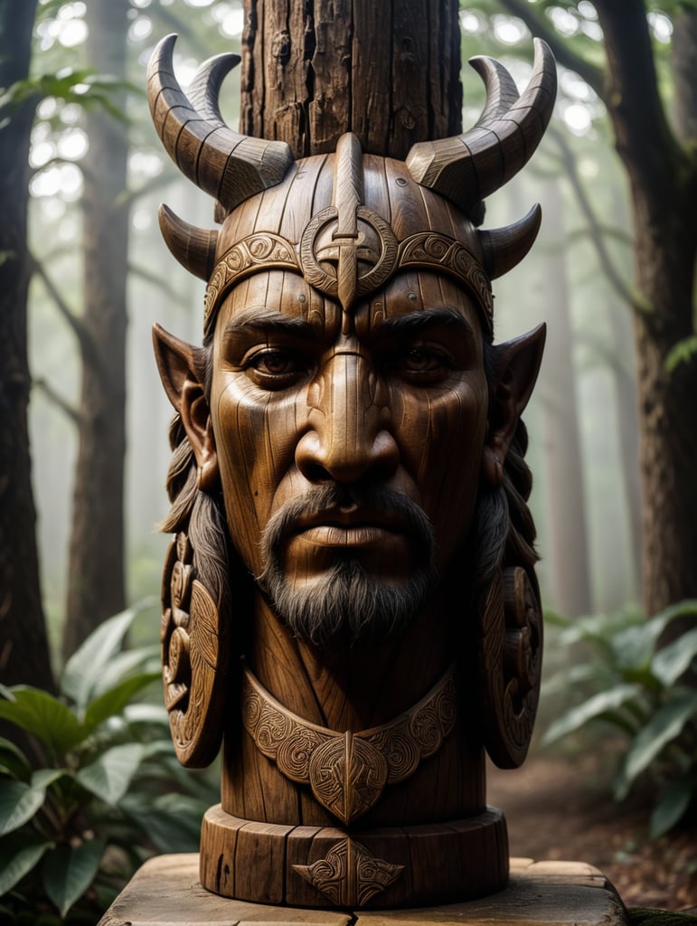 A totem crafted from Viking wood, representing a spirit entity, sacred item, or symbolic emblem, functions as a representation of a collective, be it a family, clan, lineage, or tribe, akin to the spirit emblem within the Viking clan.