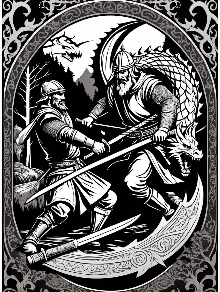 Peasant and dragon combat, wood cutting style, vector graphics, viking era, bevel with rune, black and white