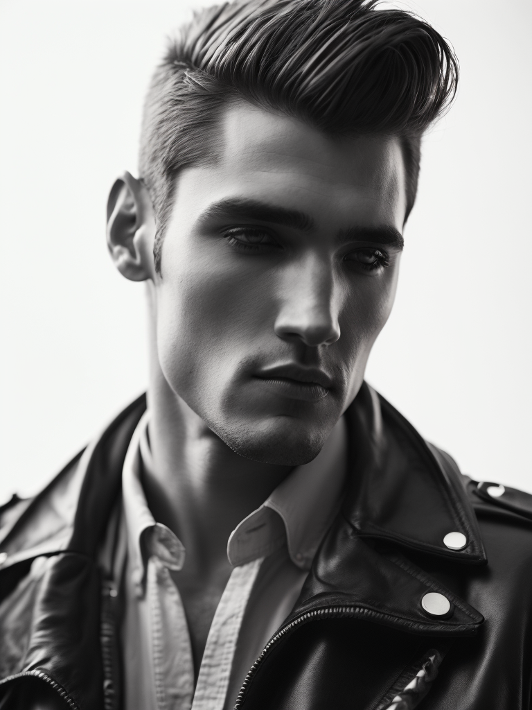 Portrait of a man with a haircut like Elvis Presley, leather jacket, black and white