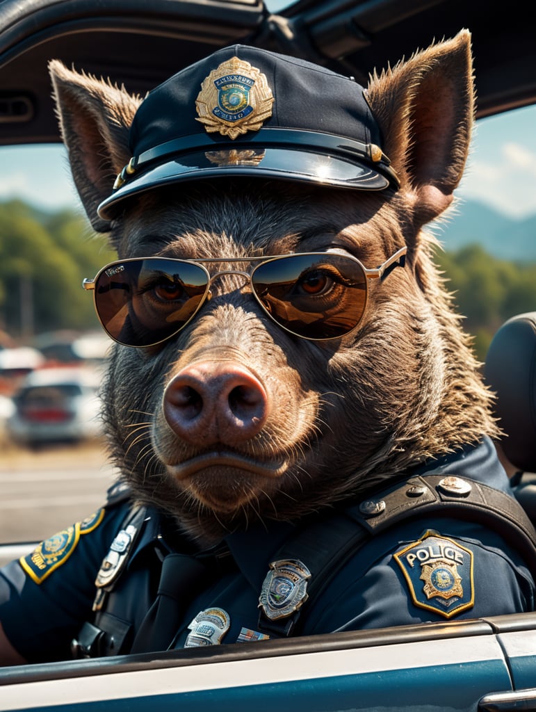 A wild boar police officer, sitting behind the wheel of a police car, close-up shot, sunglasses, clipart, stock photo