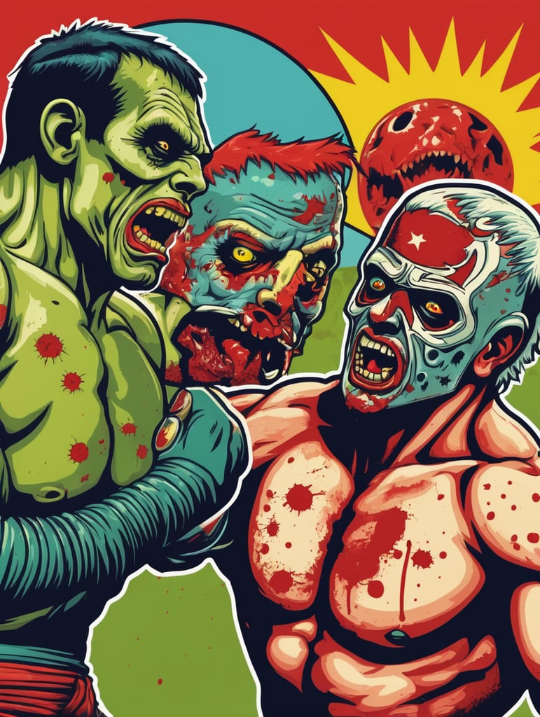 Pop art illustration, sticker, zombie wrestling
