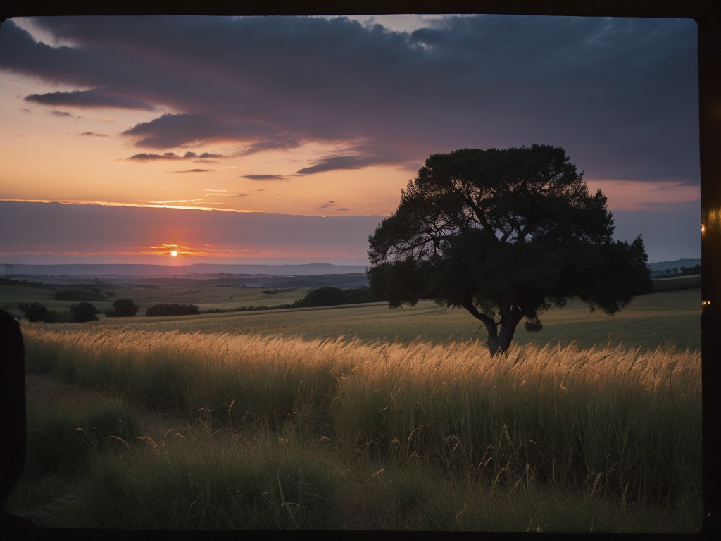 The field should be sprawling and filled with tall golden wheat, gently swaying with the breeze. A few scattered, ancient olive trees, their gnarled branches reaching up to the sky, dot the landscape. The sky above should be a magnificent mixture of warm oranges, pinks, and purples of the morning light, with the rising sun just peeping over the horizon. Nestled in the distant rolling hills, you can make out the silhouette of a charming Tuscan farmhouse, its red-tiled roof glowing in the dawn's first light. The overall atmosphere of the image should evoke a sense of peace and serenity, embodying the idyllic beauty of the Tuscan countryside.