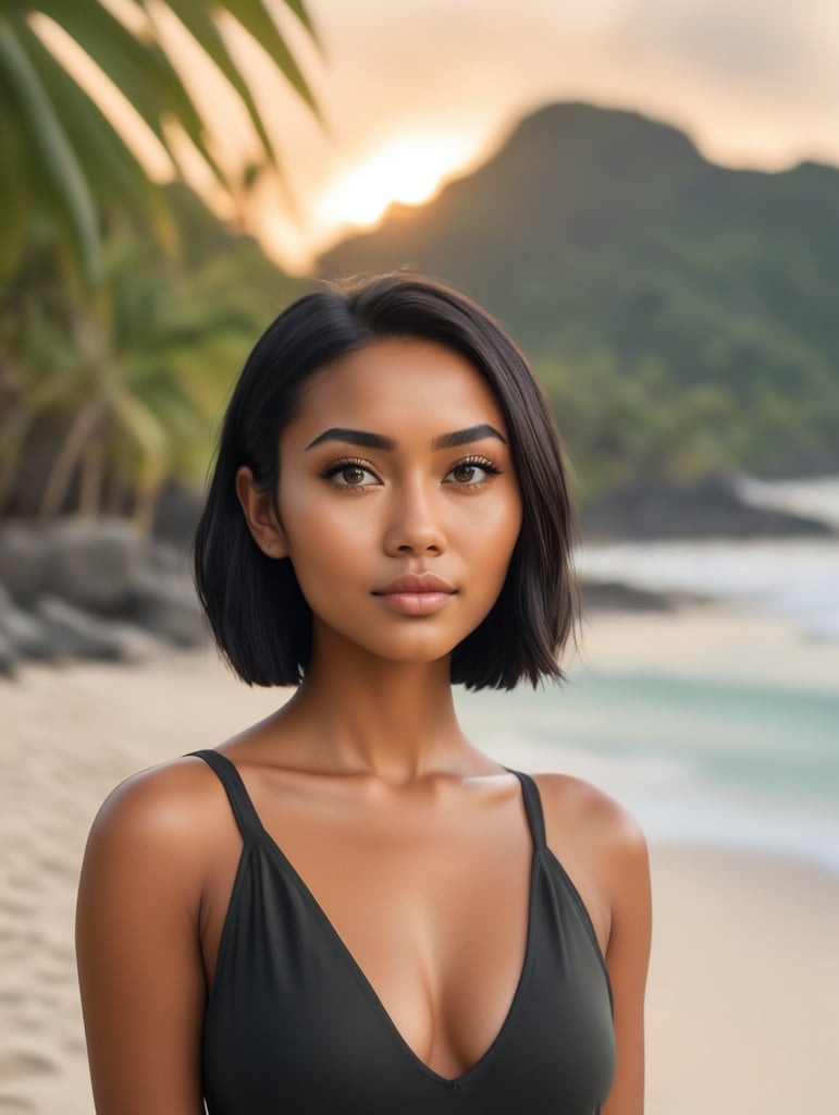 A 25 years old attractive woman of mixed parentage from Papua New Guinea and Japan, with tanned skin, straight black short hair, droopy cute eyes with clear straight eyebrows, curvy body standing and gazing over the sunset in tropical beach