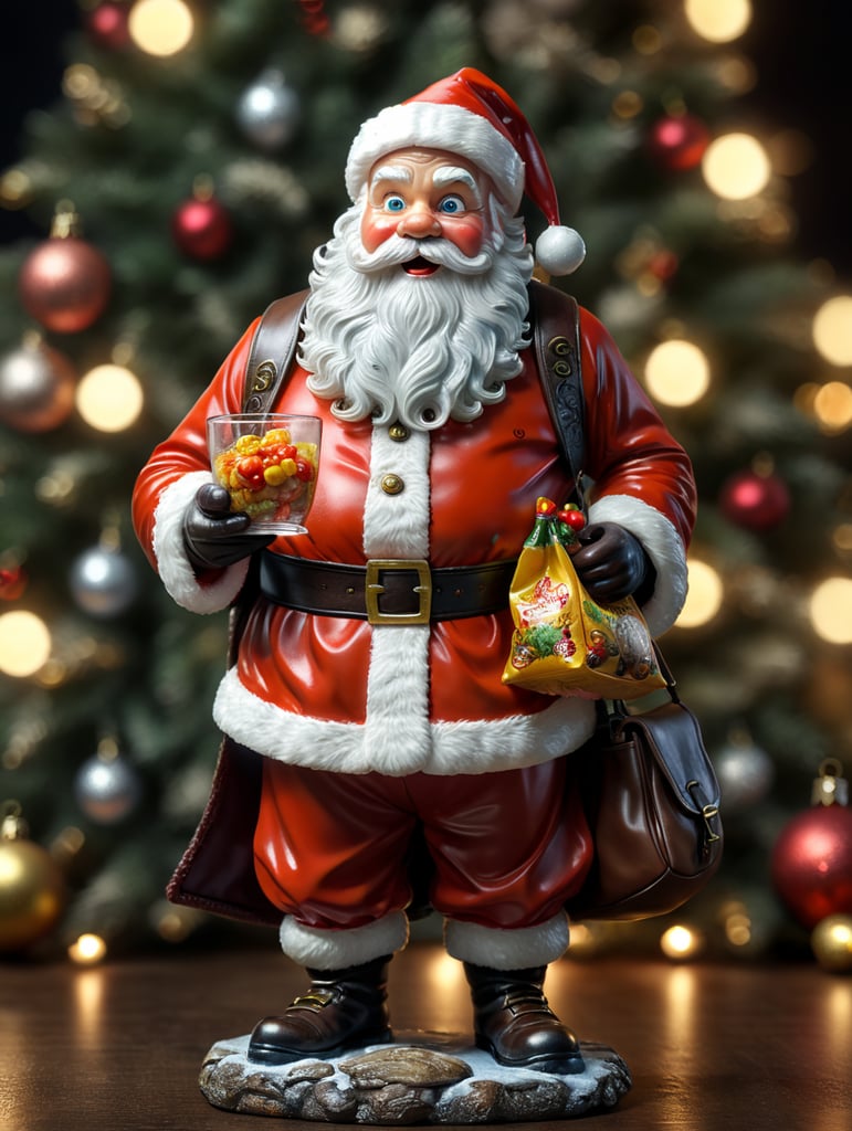 santa claus small glass glass figure, christmas toy for the christmas tree, bag of frozen food in right hand, codfish plate presentation in left hand.