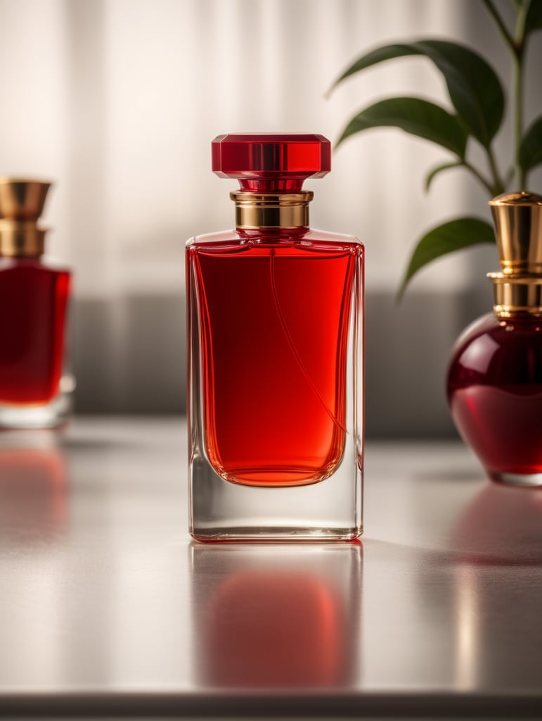 Mockup shot of a plain perfume red bottle in a studio background, professionally color graded, award-winning image