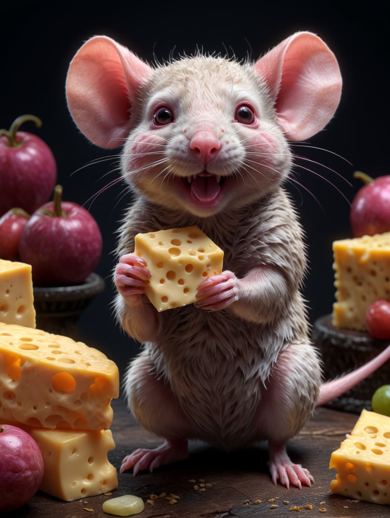 cute pink rat holding a cheese