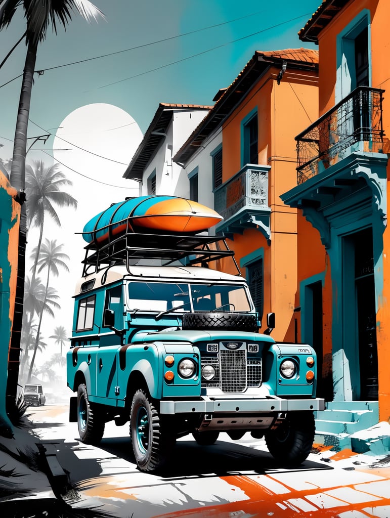 Ancient series 3 land-rover on wide African plains with surfboard on roofrack. Black and white. Ralph steadman gonzo style illustration.