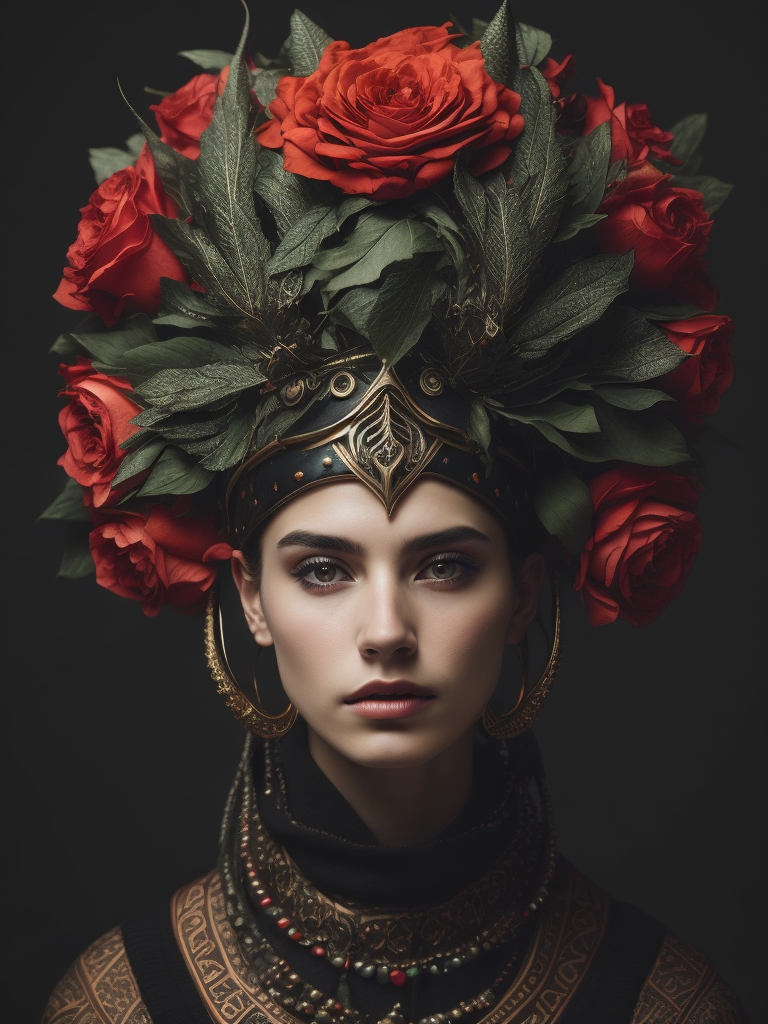 a girl wears a headdress with horns on it, in the style of hyperrealistic wildlife portraits, dark green and red, sofonisba anguissola, bess hamiti, medieval art, naturalistic depictions of flora and fauna, glen orbik