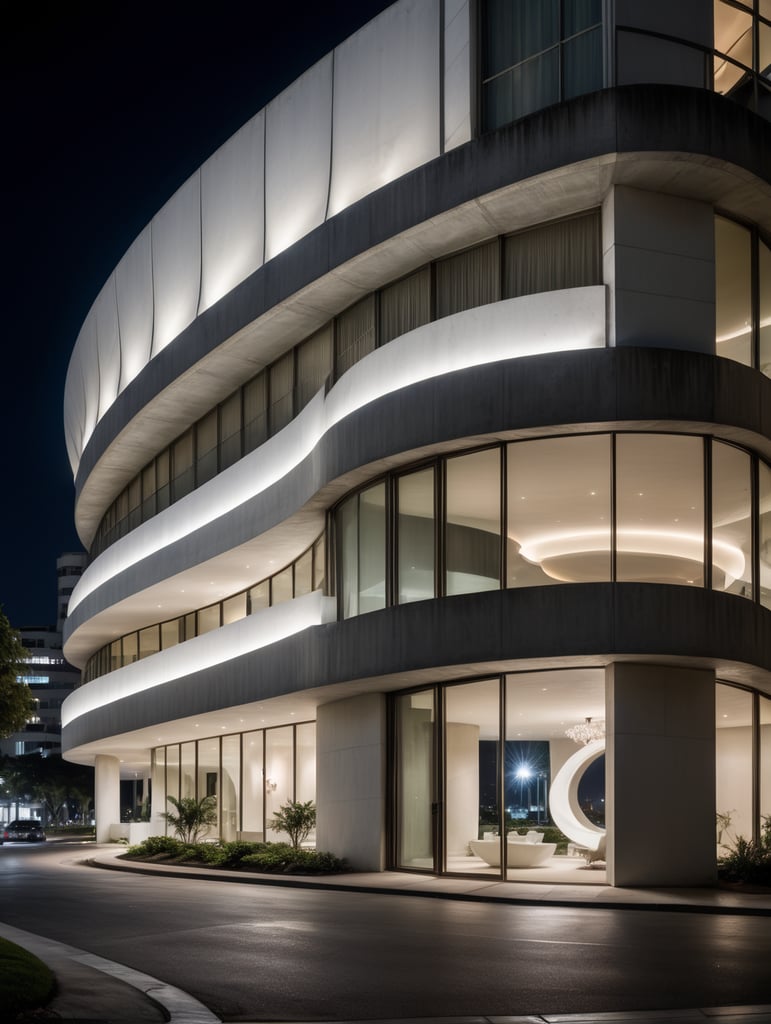 at night, white building with curved shapes in front, in the style of the stars art group (xing xing), women designers, eclectic curatorial style, sculptural costumes, concrete, urban influences, flowing fabrics