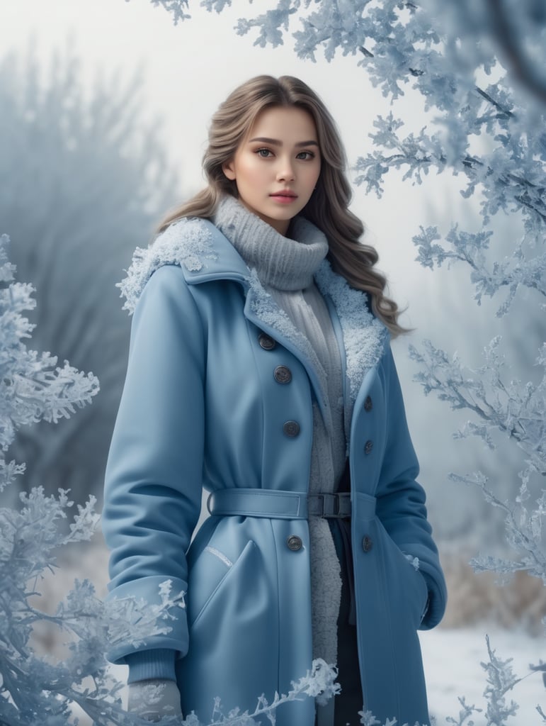 realistic real 8K, 3D, winter background beautiful girl in blue winter coat frozen flowers and hoarfrost branches