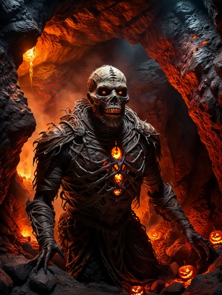a realistic photo of a Halloween mummy in a cave with lava and spiders and snakes hanging from the walls of the cave.