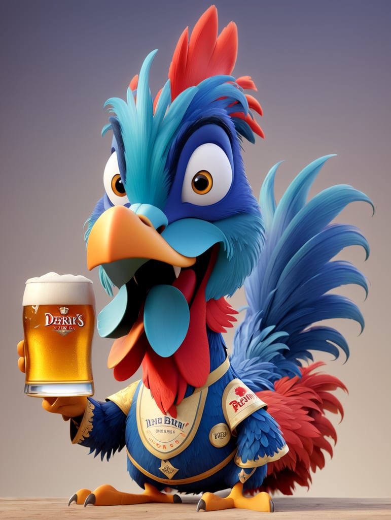Drunk rooster holding beer
