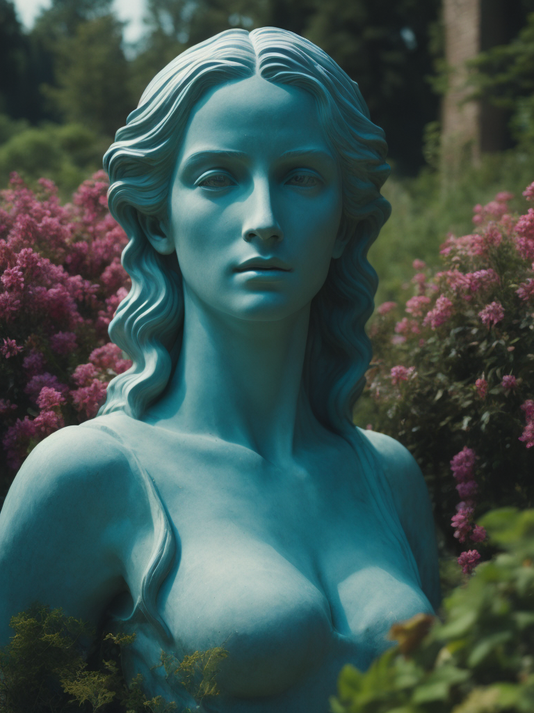 Classical greek landscape with marble statue, surrounded by realistic and magical flowers,, cinematic, hyperrealistic, pre-raphaelite style