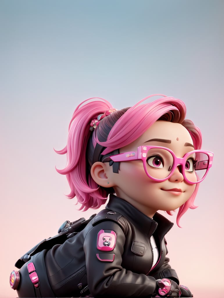 cyborg android, dressed in pink glasses and a leather jacket