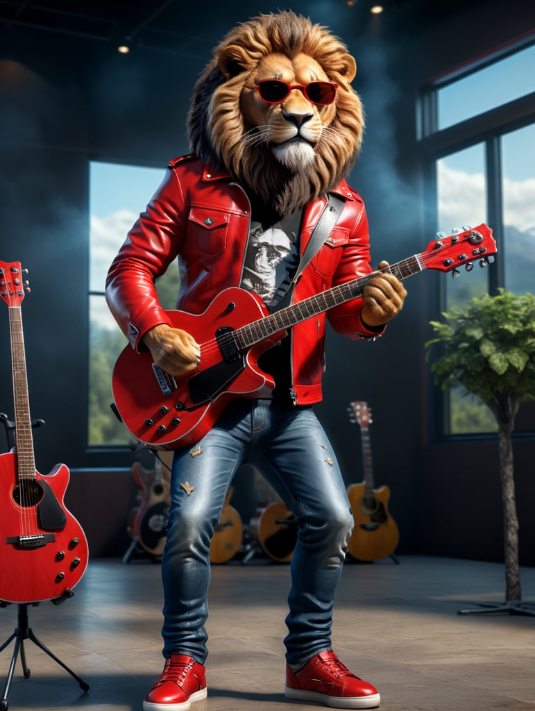 realistic lion, wearing red Leather jacket and jeans pants, wearing shoes, holding a guitar, 8k, unreal engine render, full body wearing sunglasses