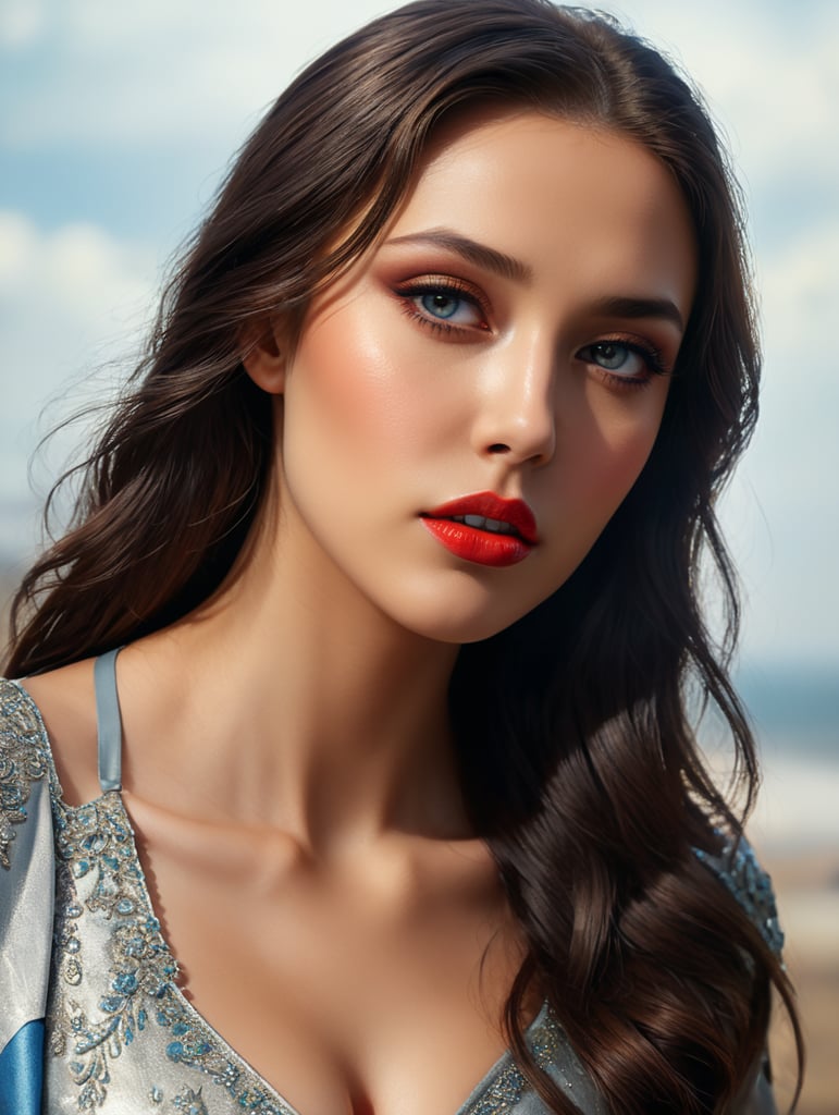 Crea un retrato con base en la referencia, respeta el rostro de la chica, gran detalle, textura, colores saturados, elegante, Vogue, revista de moda, enfoque nítido, maquillaje expresivo y brillante, luz dramática, profundidad de campo, fondo desenfocado