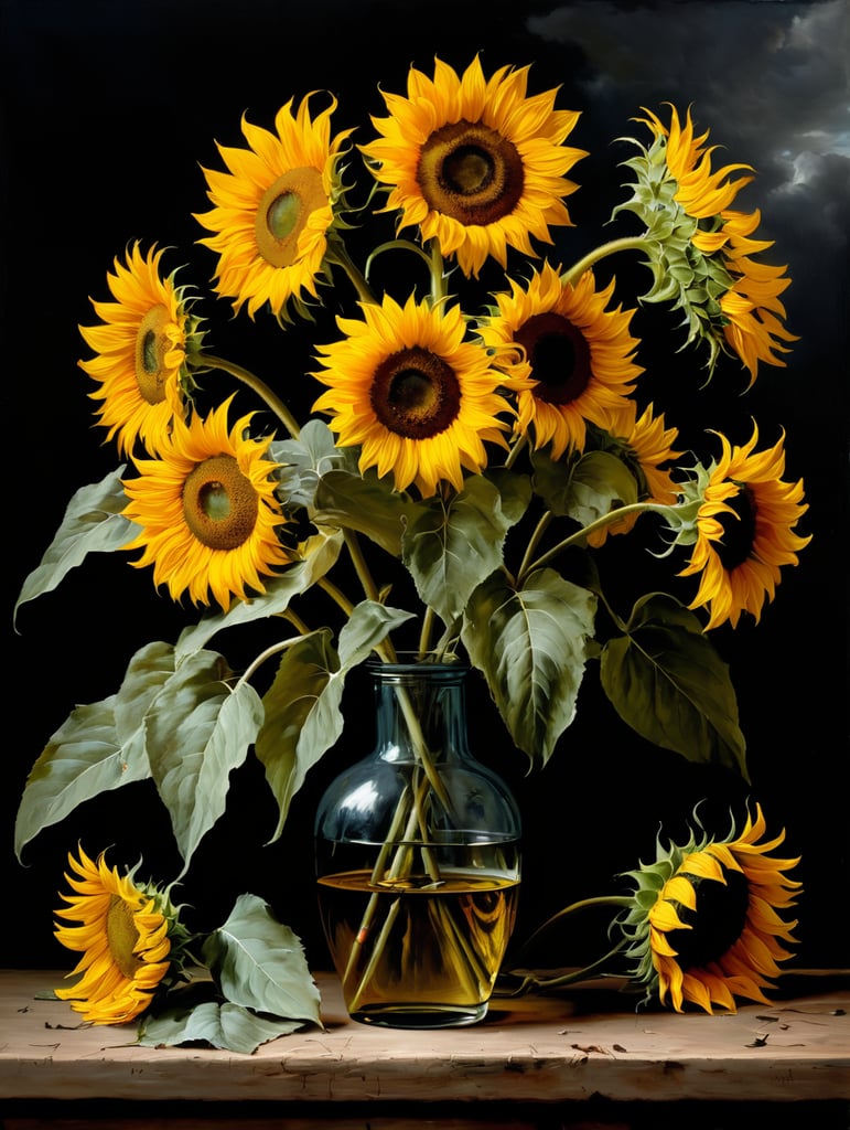 Sunflowers, moody, oil painting, by Willem van Aelst
