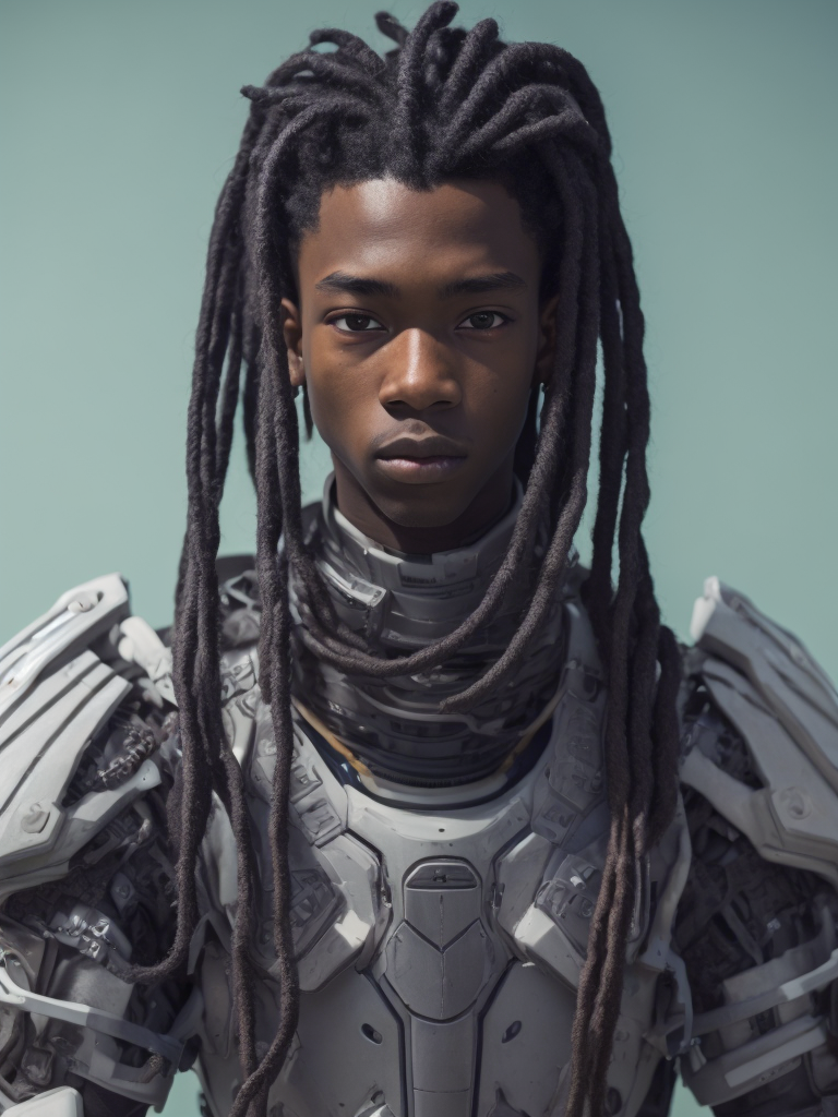 16 year old black Trinidadian boy with long hanging dreads, light weight polymer battle suit, Multicolored aura Preset: Hand-drawn